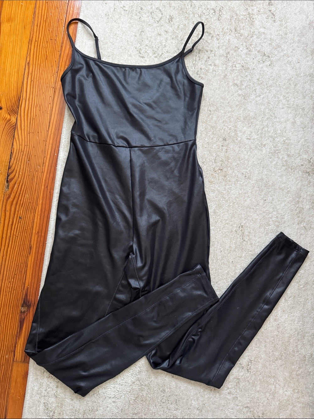 wild fable Black Faux-Leather Spaghetti-Strap Jumpsuit